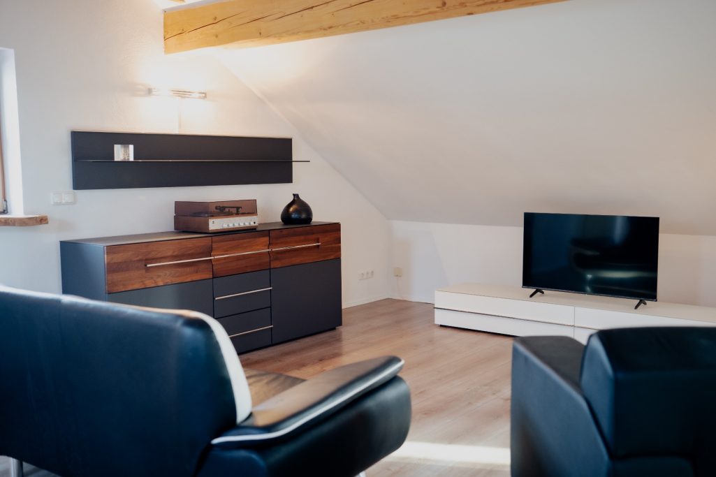 Moderne Wohnlandschaft mit TV, geschmackvollem Möbel und Holzdecke.