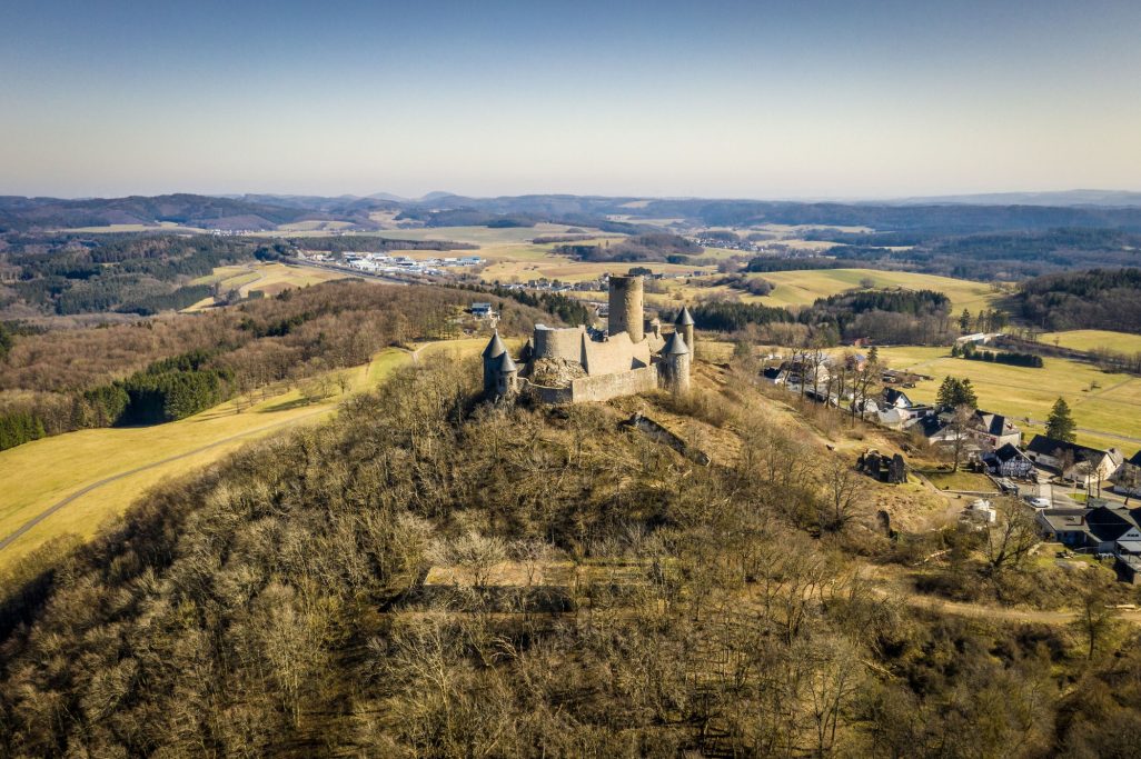 Blick auf eine Burg auf einem Hügel, umgeben von Landschaft und Wäldern.